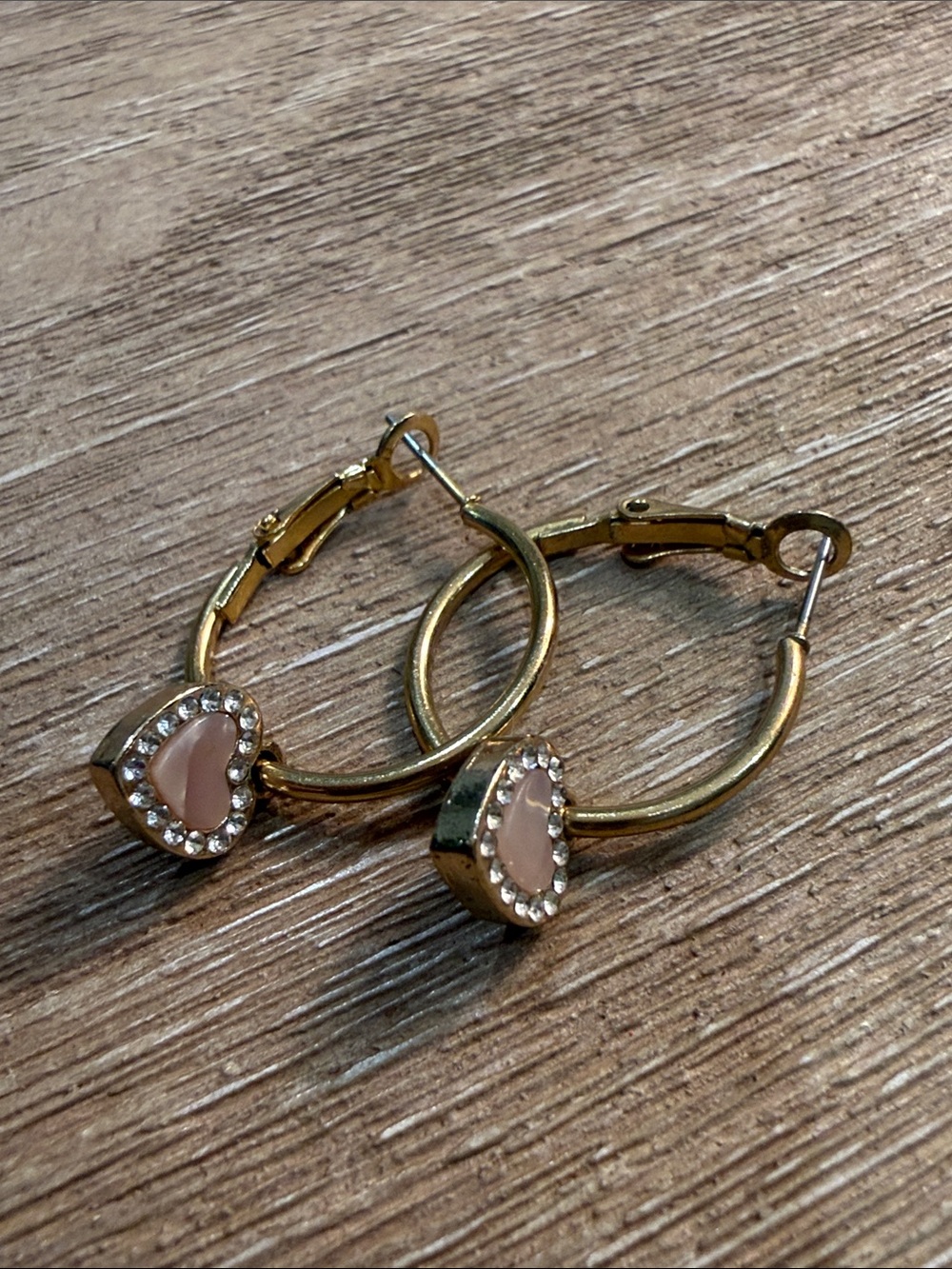 Gold Hoop Earrings with Pink Heart Charm and Crystal Accents